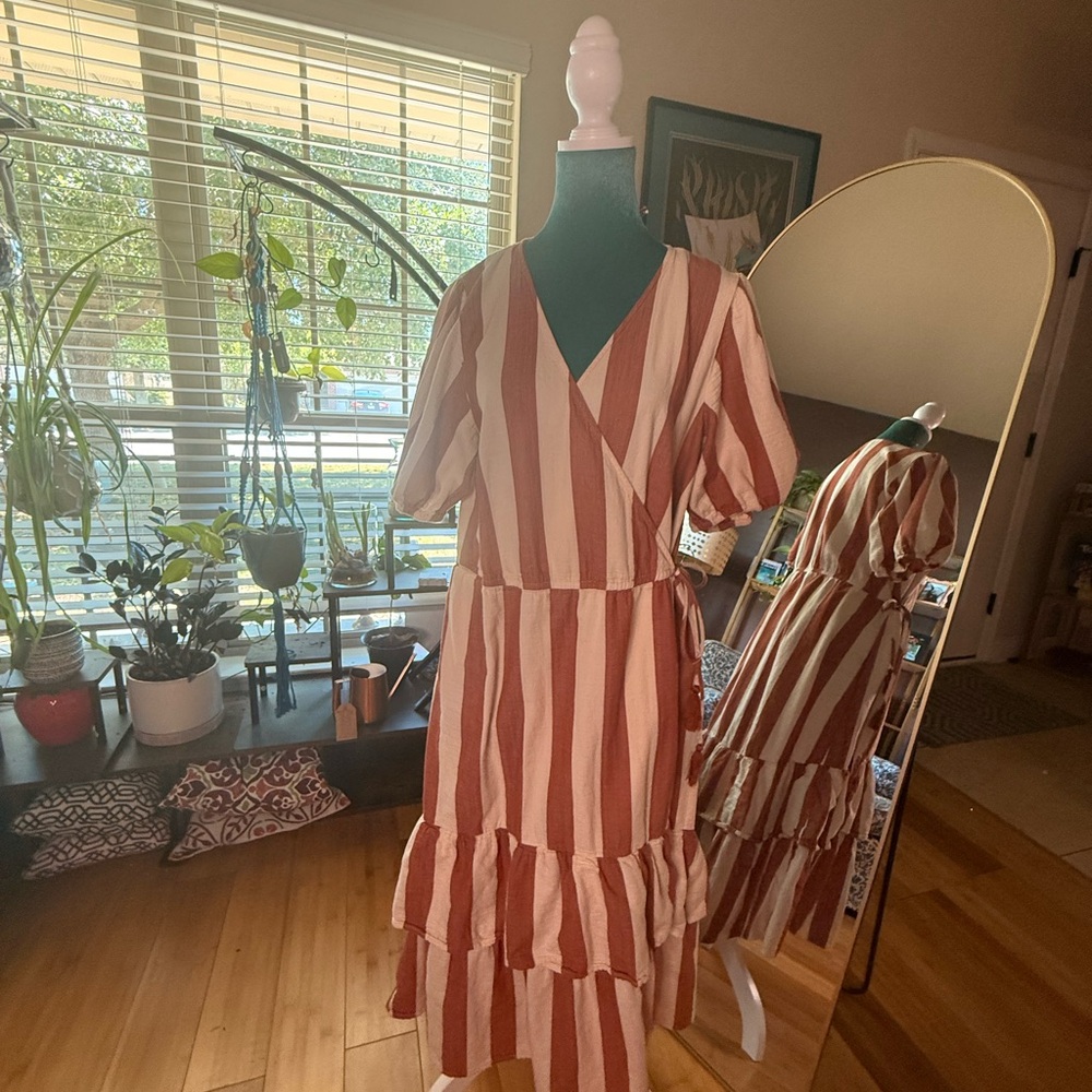 Knox Rose Rust & Cream Striped Wrap Dress with Tassel Tie - XL